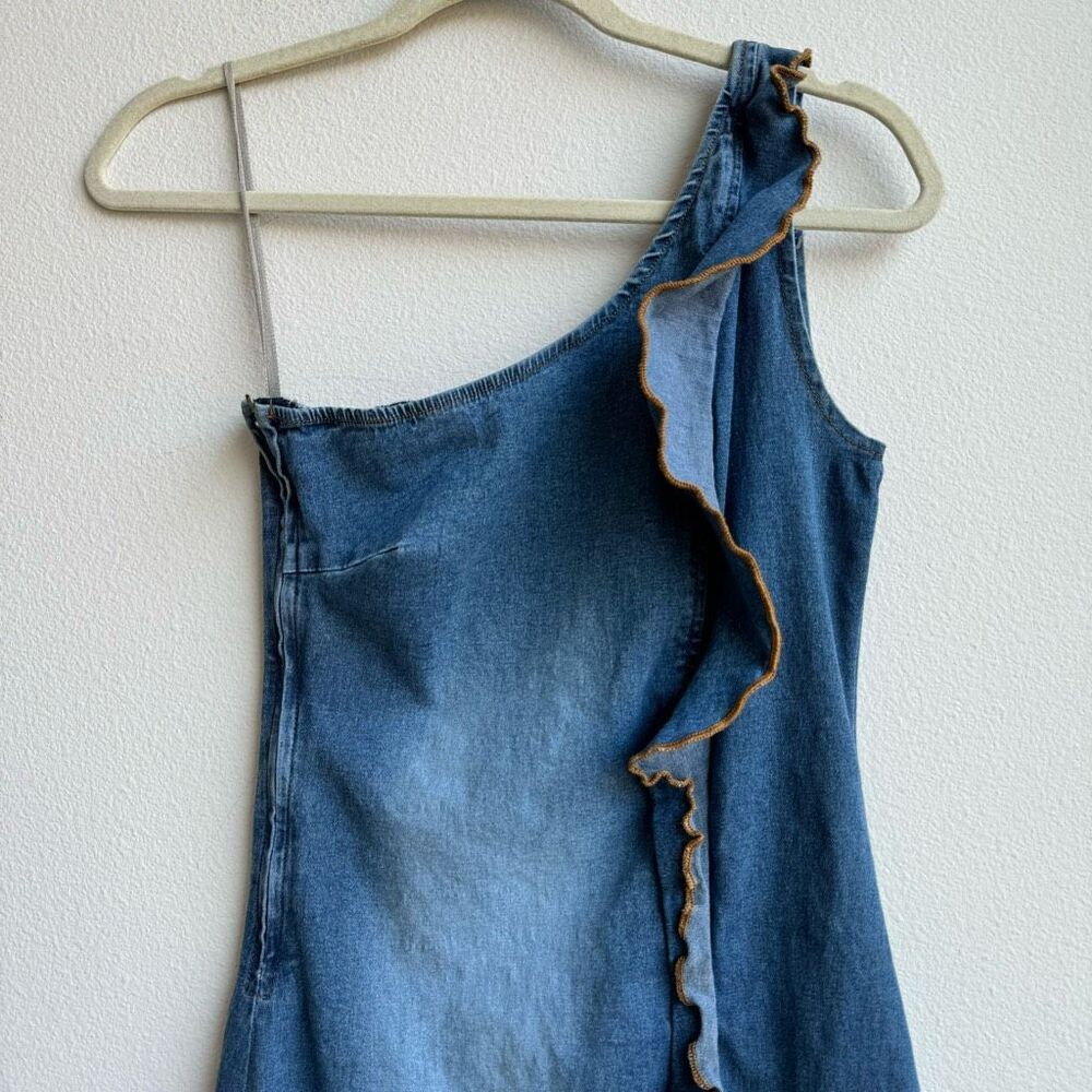 Vintage One Shoulder Denim Blue Ruffle Mini Dress Y2K 2000’s Size Small Made USA - Picture 3 of 7